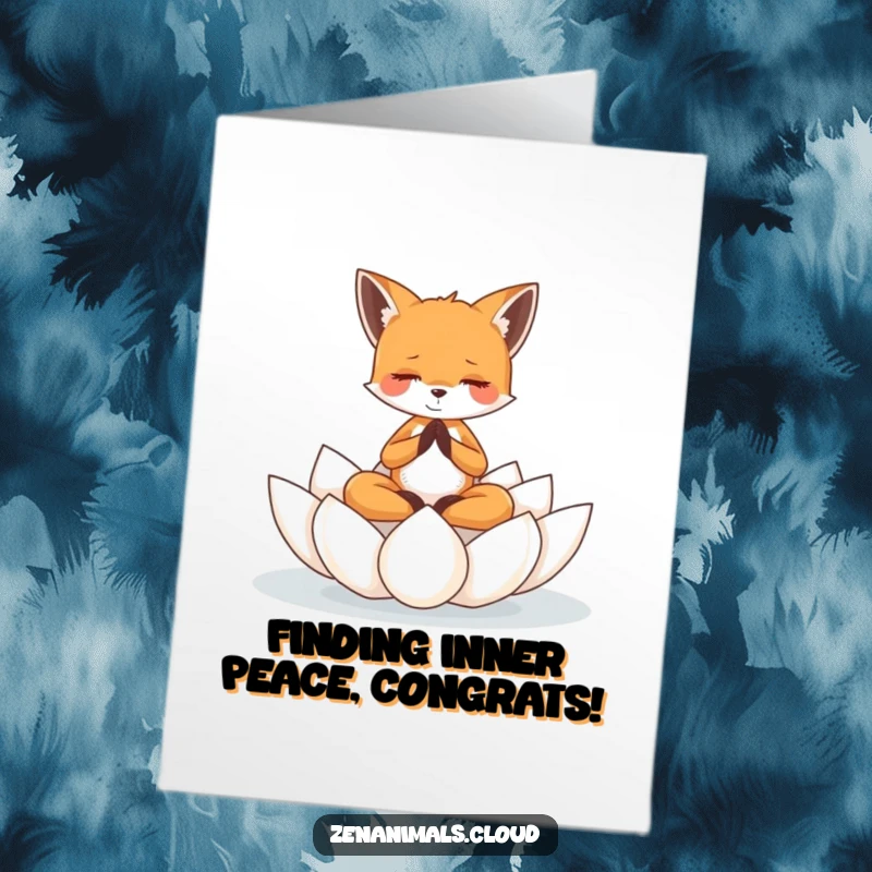 Funny Free Printable Congratulations Card: A tiny fox in deep meditation on a floating lotus, embodying calm success.