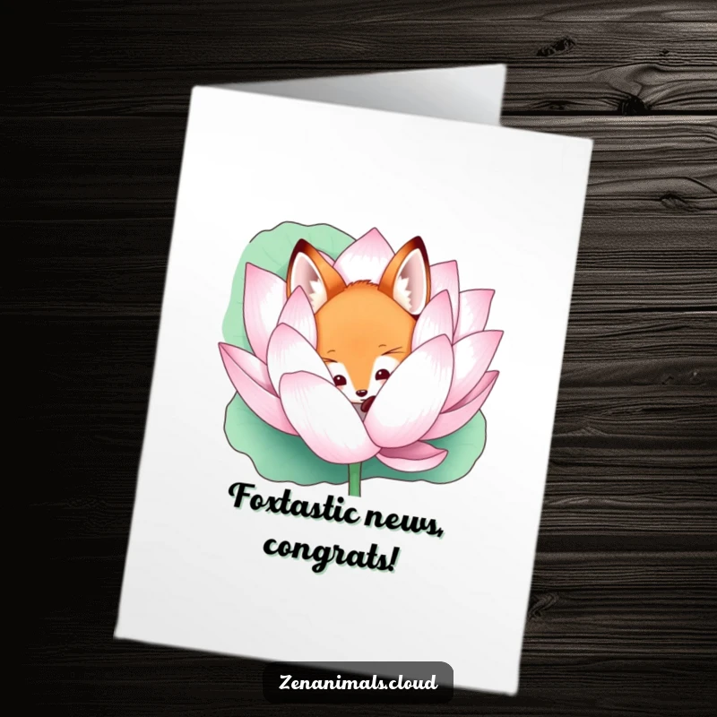 Funny Free Printable Congratulations Card showing a curious fox peeking out from behind a giant lotus bloom.