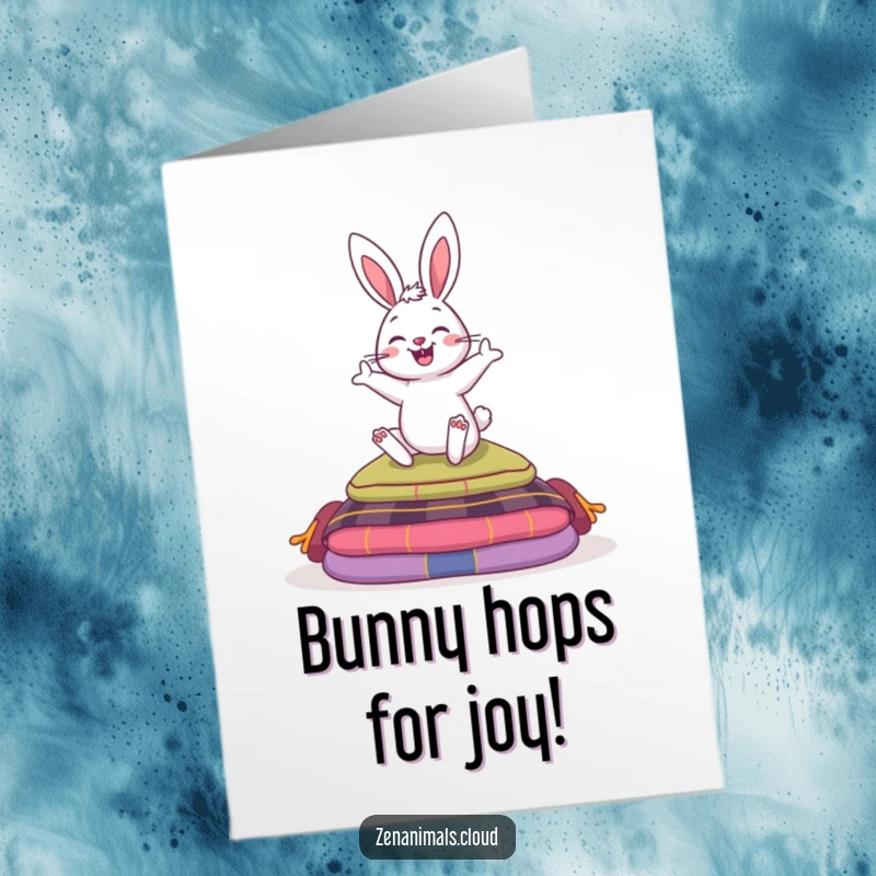 Funny Free Printable Congratulations Card: Grinning bunny hops joyfully over meditation cushions, perfect for celebrating wins.