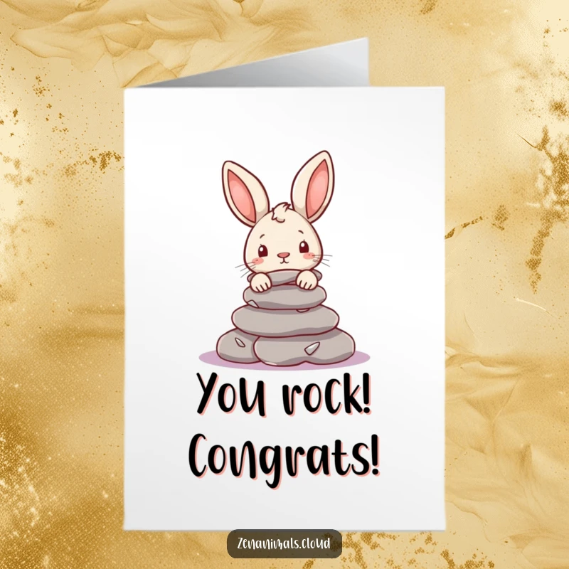 Funny Free Printable Congratulations card, featuring a mischievous rabbit peeking from behind river stones, perfect for celebrating any occasion.