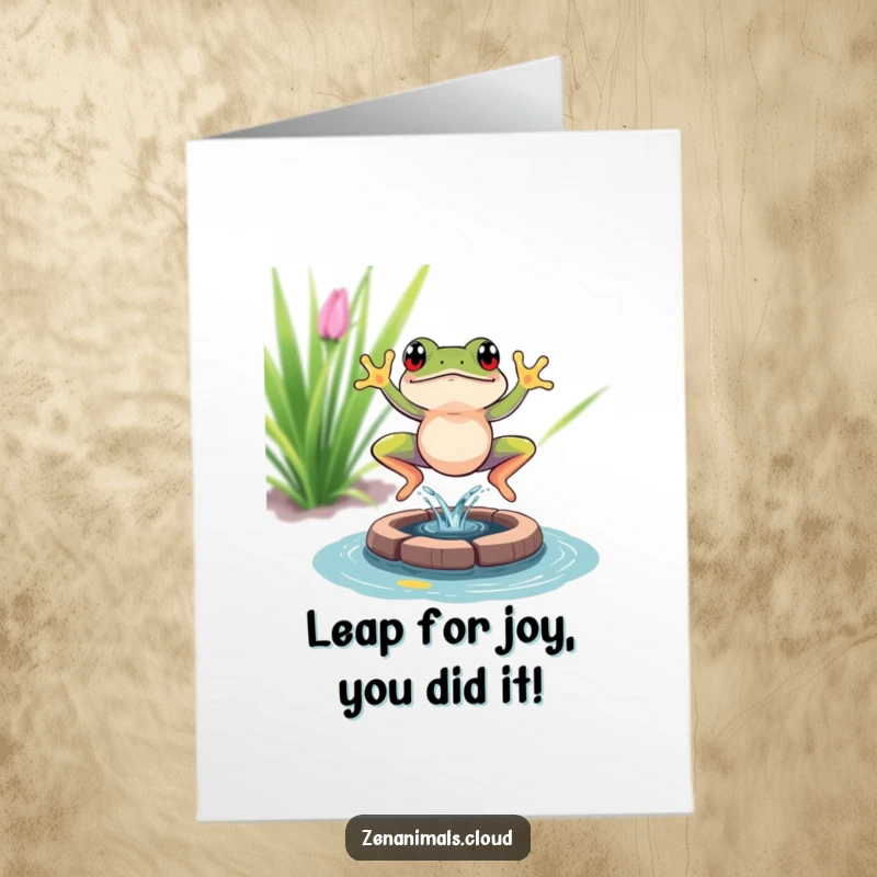 Funny Free Printable Congratulations Card: A vibrant frog leaping with a big splash into a small meditation pond.