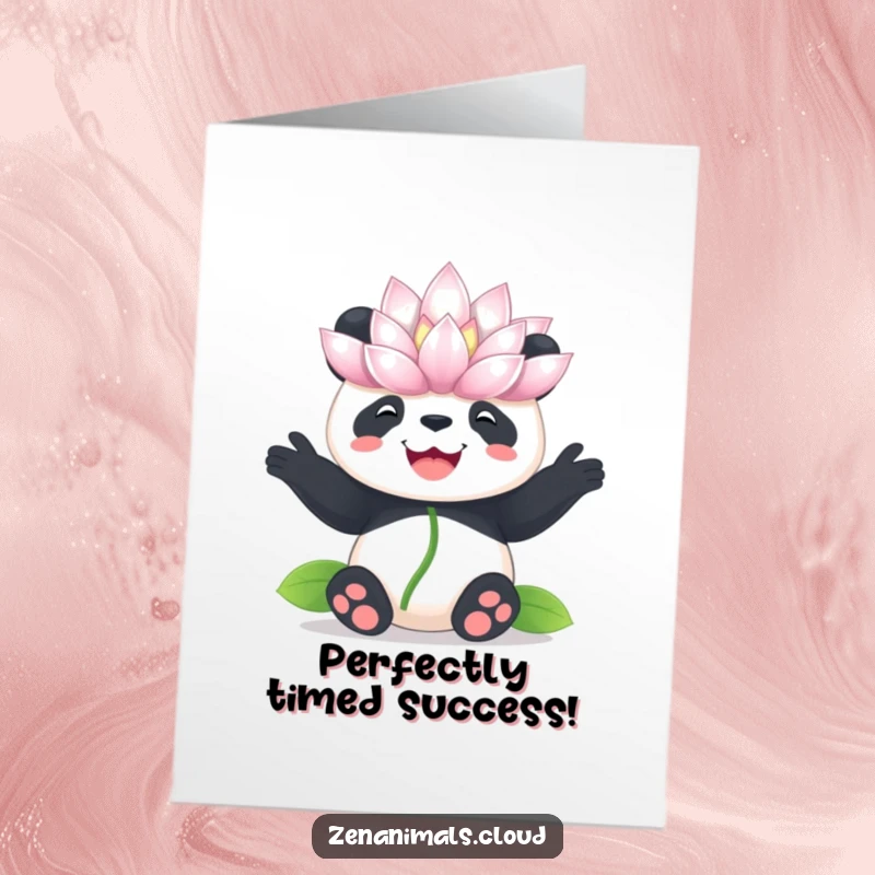 Funny Free Printable Congratulations Card: Panda balancing lotus flower on nose, radiating peace and accomplishment.