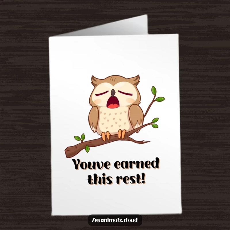 Funny Free Printable Congratulations Card: A sleepy owl on a branch yawns widely, a humorous and charming way to celebrate achievements.