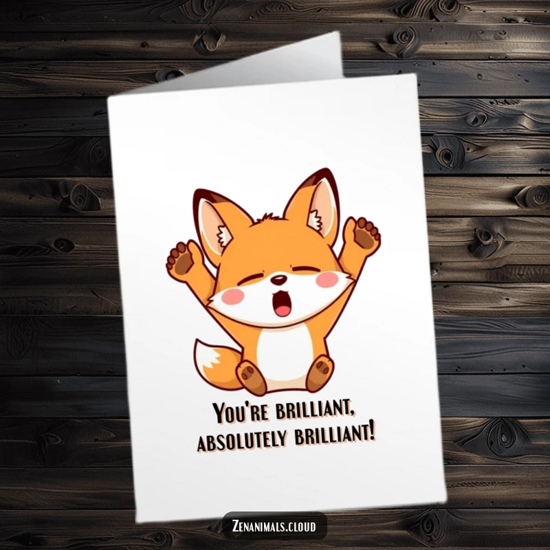 Funny Free Printable Congratulations Card of a sleepy fox yawning wide and stretching. Downloadable message of relaxed success.