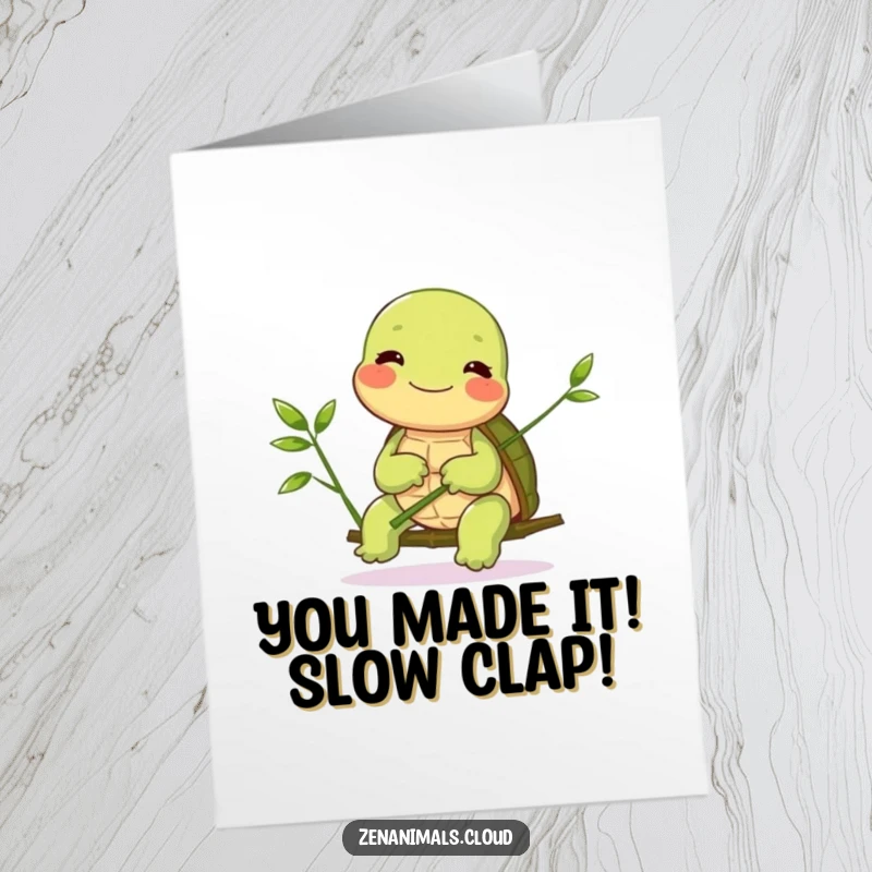 Funny Free Printable Congratulations Card: A giggling turtle gracefully balances bamboo, celebrating your well-earned success with cheerful poise.