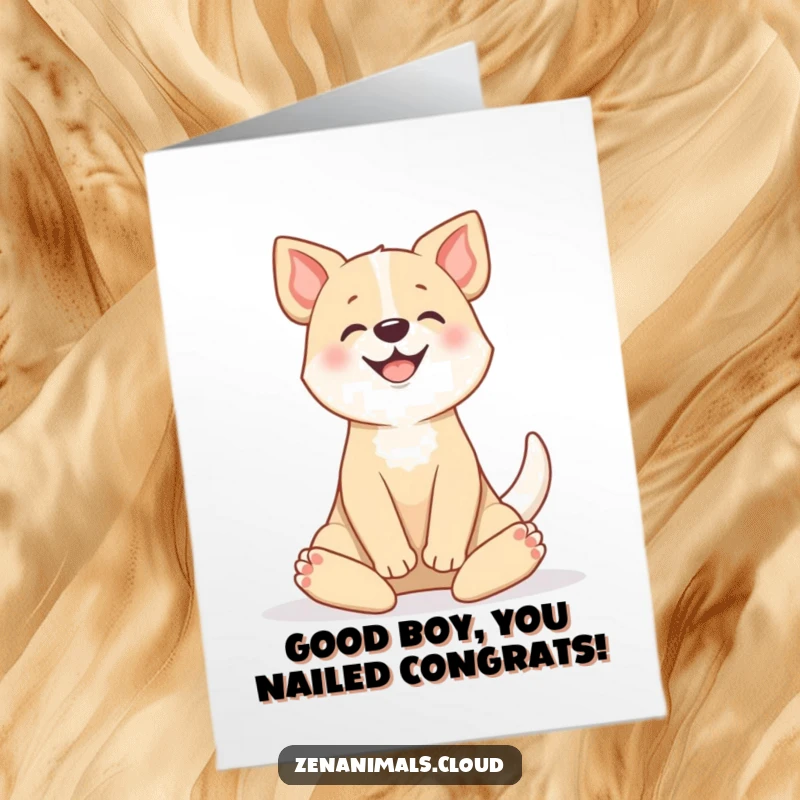 Funny free printable congratulations card featuring a dog happily wagging its tail in a serene lotus position, celebrating balance.