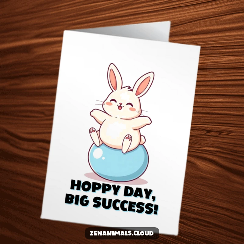 Funny Free Printable Congratulations Card: A plump bunny bouncing enthusiastically on a yoga ball, celebrating great success.