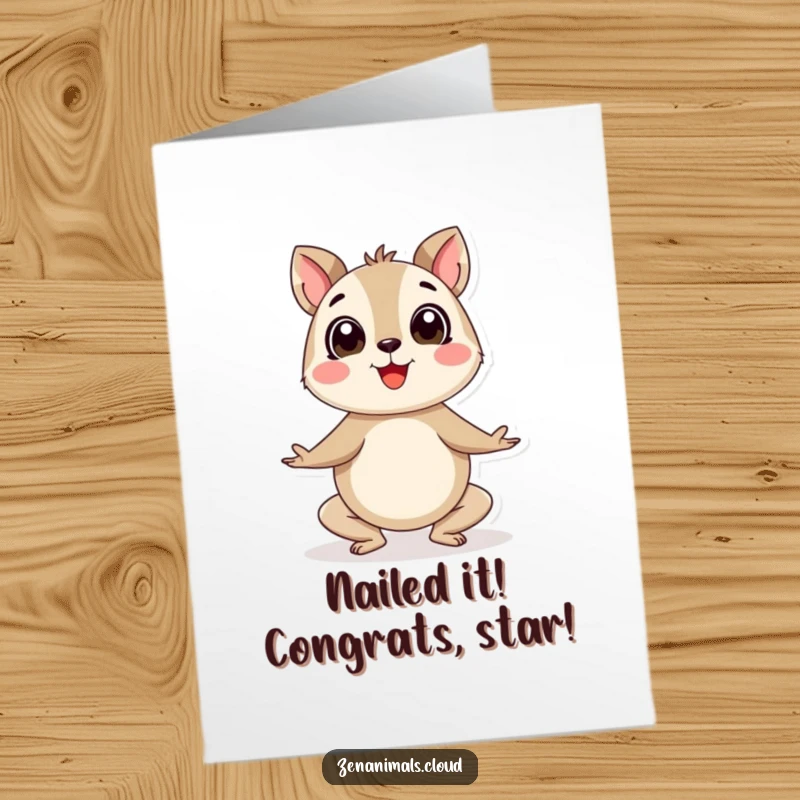 Funny Free Printable Congratulations Card: a round animal in a dynamic yoga pose, celebrating success with pure joy and a playful spirit.