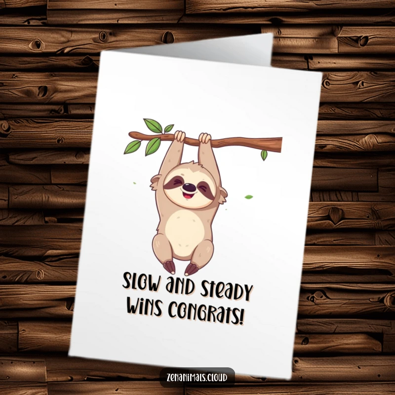 Funny free printable congratulations card with a giggling sloth hanging upside down, looking amused, celebrating achievements.