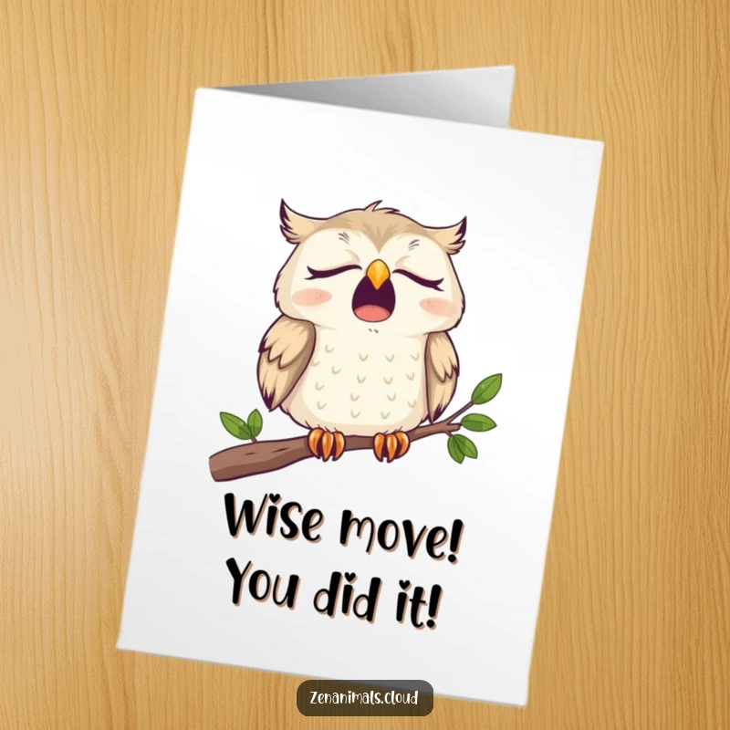 Funny free printable congratulations card featuring a sleepy owl yawning widely, celebrating peaceful accomplishment.