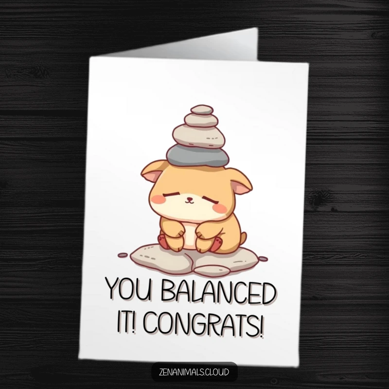 Funny Free Printable Congratulations Card: a sleepy animal attempting to balance rocks, humorously representing a challenging but achieved goal.