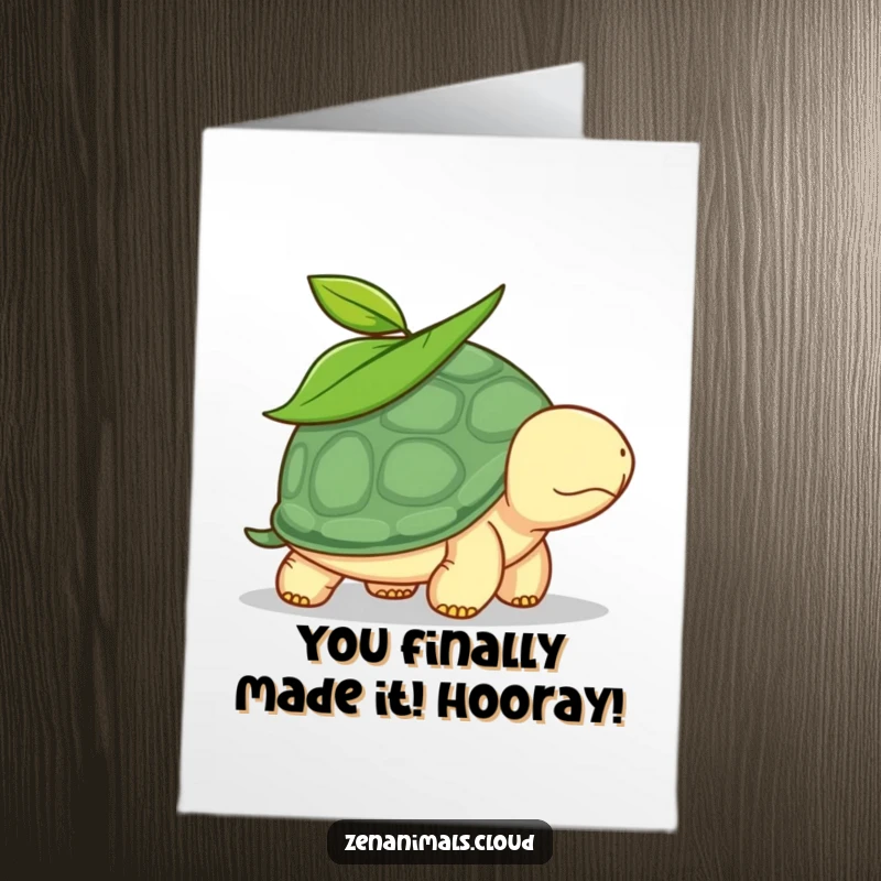Funny Free Printable Congratulations Card showing a turtle with a leaf, symbolizing a slow but sure victory.