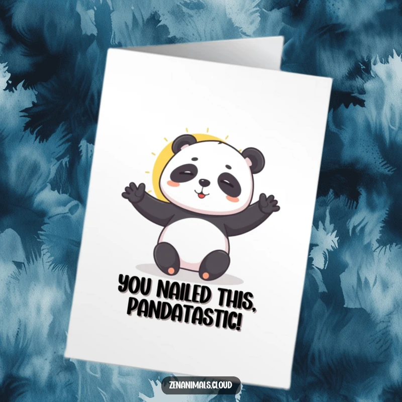 Funny Free Printable Congratulations Card showing a playful panda in a serene sun salutation yoga pose.