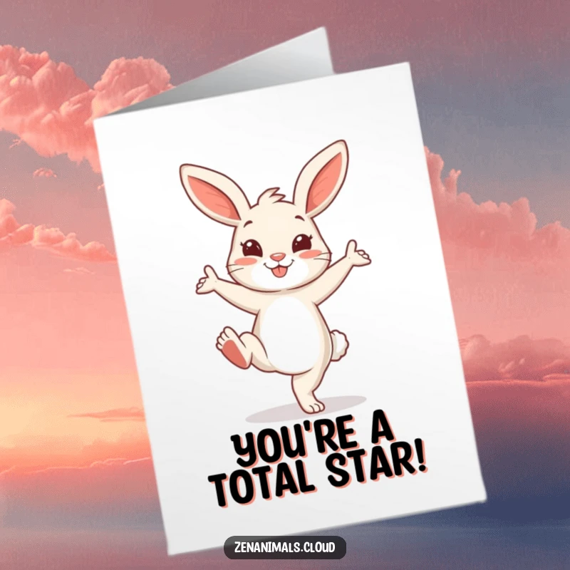 Funny Free Printable Congratulations Card showing a happy bunny performing a playful yoga pose. Downloadable celebration of success.