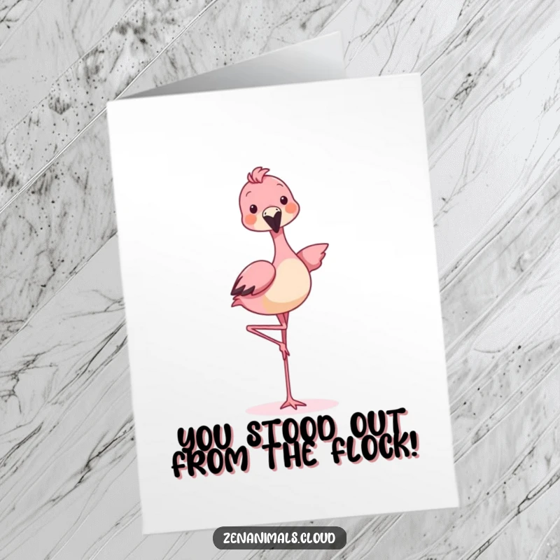 Funny free printable congratulations card showing a delighted animal balancing on one leg, celebrating achievements with a whimsical, flamingo-like pose.