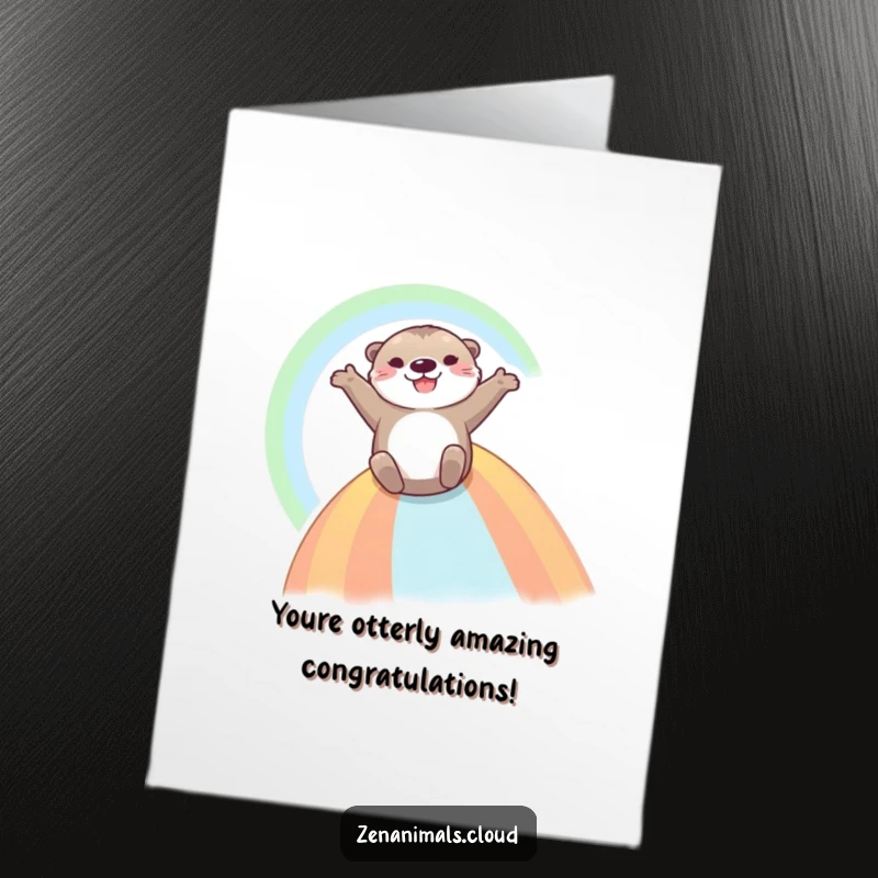 Funny Free Printable Congratulations Card: Otter gleefully sliding down a vibrant rainbow, celebrating a major achievement.