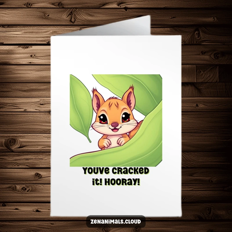Funny Free Printable Congratulations Card: A curious squirrel with wide eyes peeking from behind a leaf, conveying surprise.