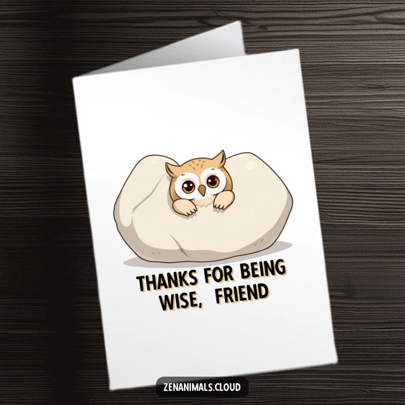 Funny Free Printable Thank You Card of a curious owl peeking from behind a stone. Easy downloadable appreciation.