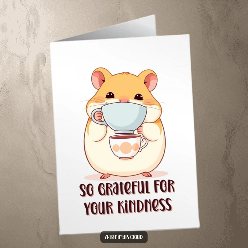 Funny Free Printable Thank You Card of a cute hamster balancing a tiny teacup on its nose. Easy downloadable thanks.