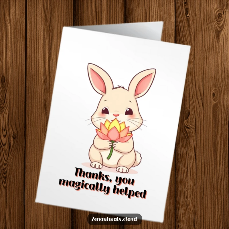 Funny free printable thank you card of a curious rabbit offering a small, glowing lotus flower as thanks.
