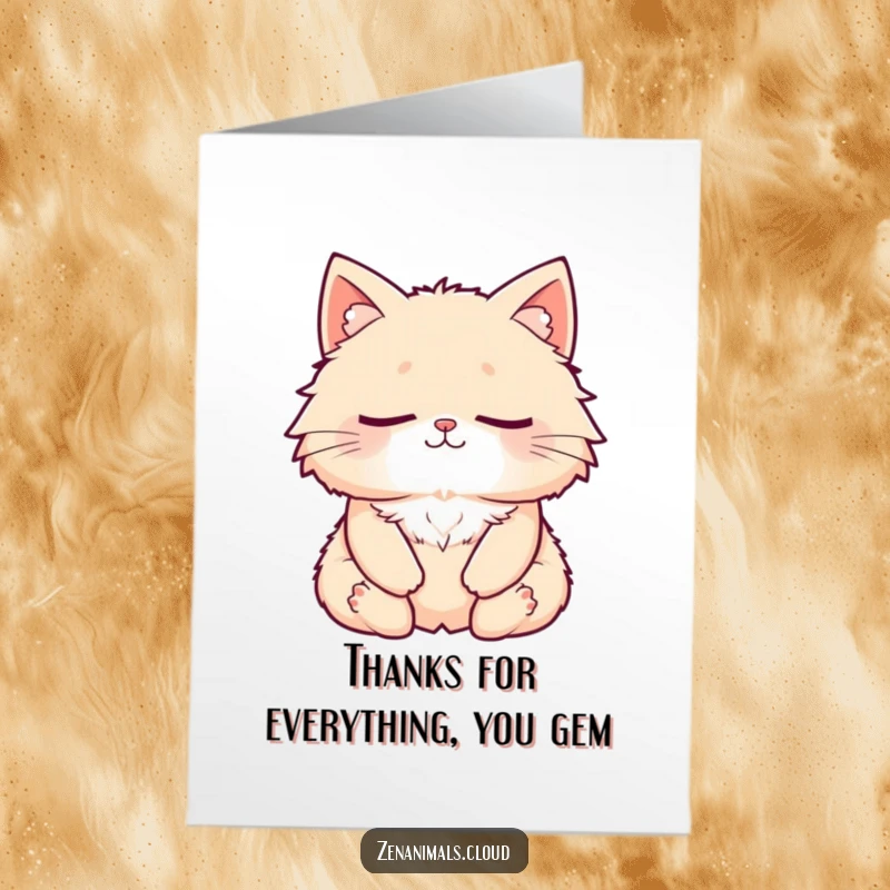 Funny Free Printable Thank You Card featuring a content, smiling cat meditating peacefully. Easy downloadable gratitude.