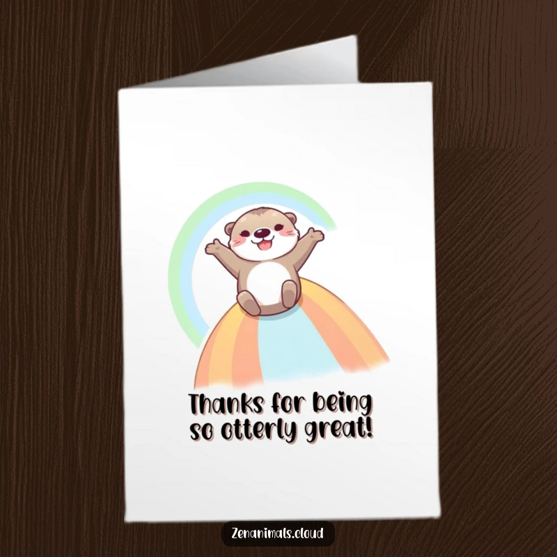 Funny Free Printable Thank You Card: Otter sliding down a rainbow, spreading joy and gratitude with outstretched arms.