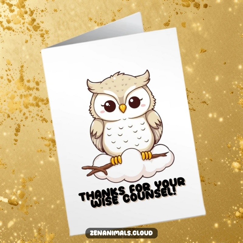Funny Free Printable Thank You Card: A smiling owl sits calmly on a cloud, offering serene thanks with gentle wisdom.