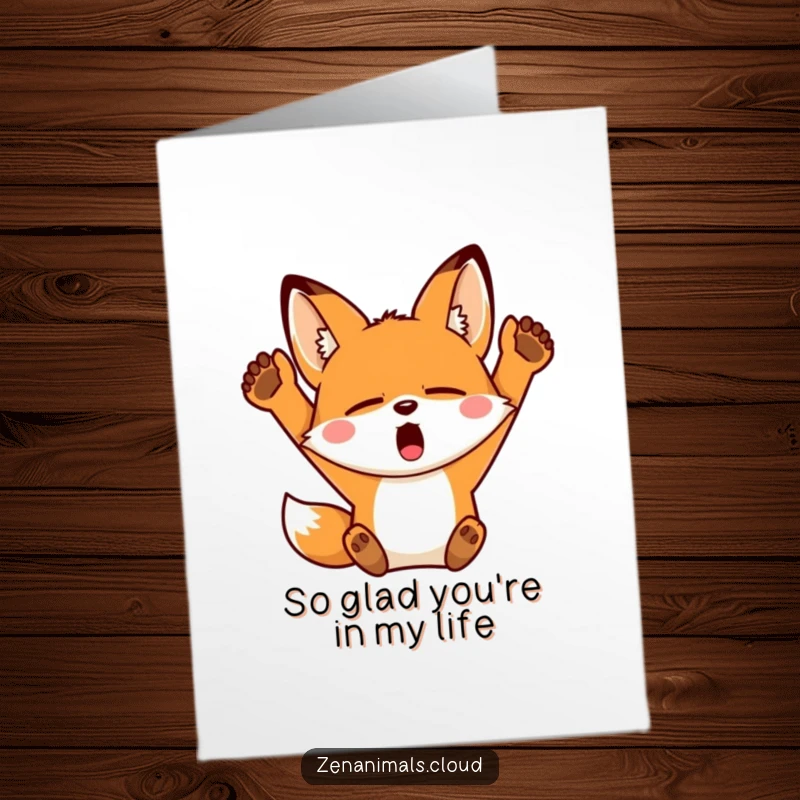 Funny Free Printable Thank You Card featuring a sleepy fox yawning widely and stretching. Easy downloadable appreciation.