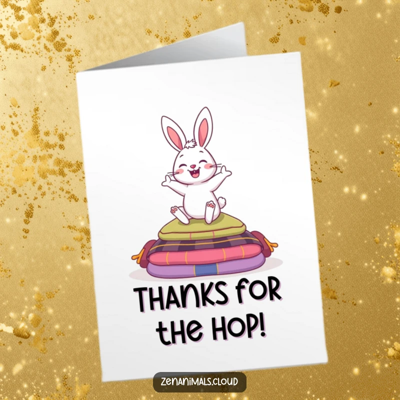 Funny Free Printable Thank You Card: Happy bunny hopping over cushions, great for a whimsical DIY thank you note.