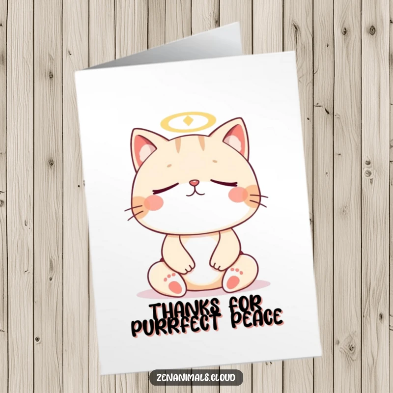 Funny Free Printable Thank You Card: Meditating cat with halo, eyes closed, radiating calm gratitude.