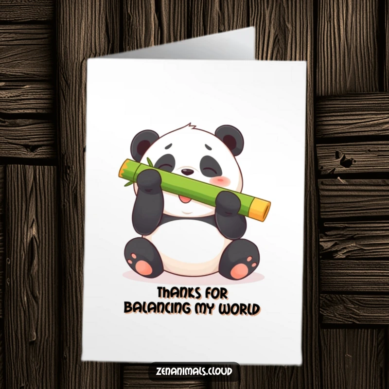 Funny Free Printable Thank You Card: A plump panda bear giggling, balancing bamboo to express sincere thanks.
