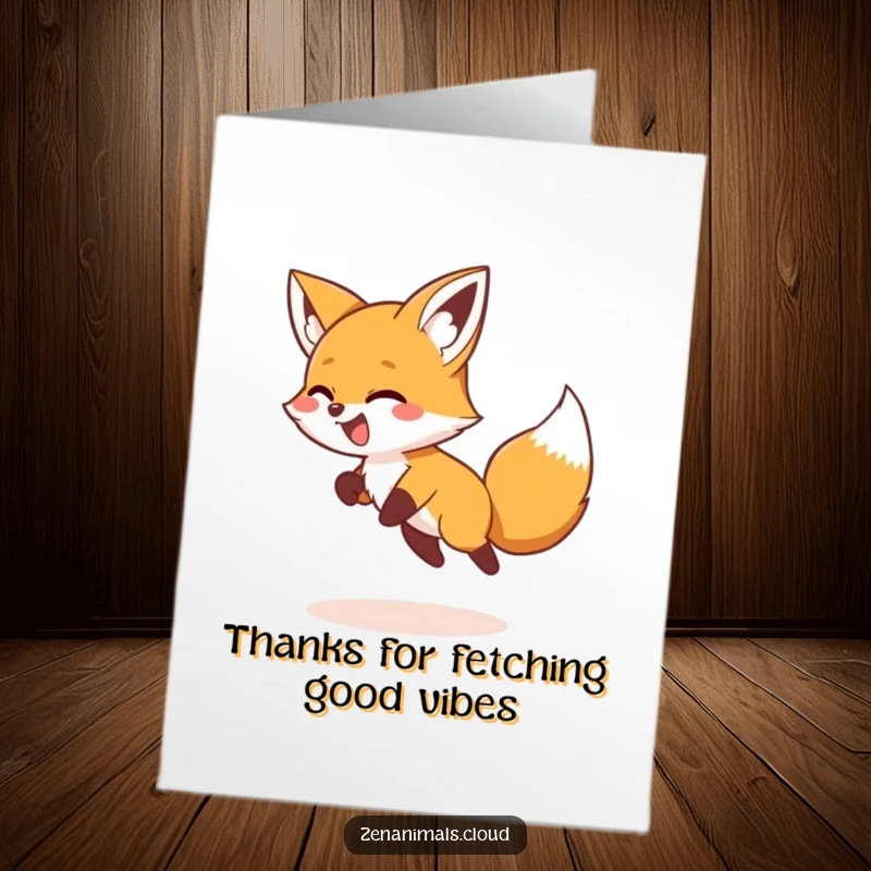 Funny free printable thank you card with a giggling fox chasing its tail in a circle, offering thanks playfully.