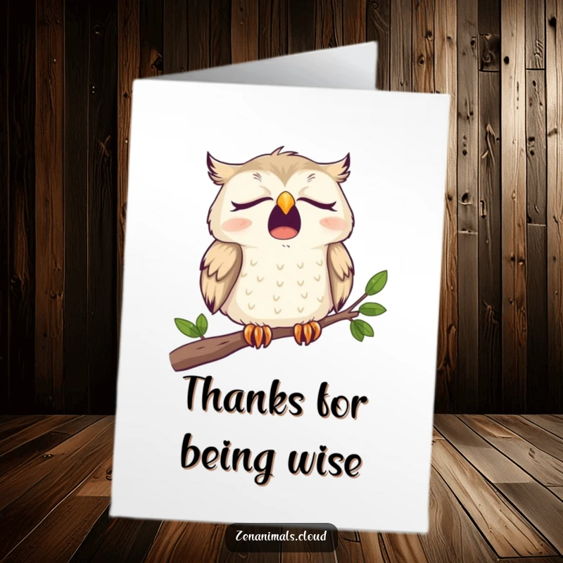 Funny free printable thank you card with a sleepy owl yawning wide on a branch, conveying thanks peacefully.