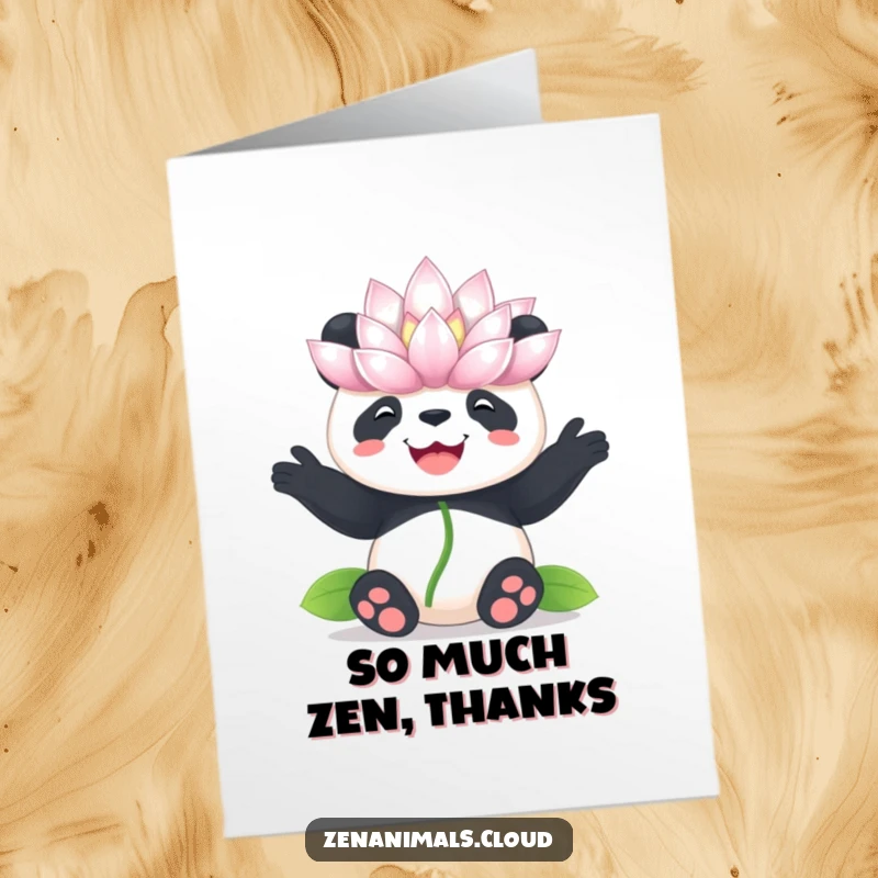 Funny Free Printable Thank You Card: Panda balancing lotus flower on nose, serene and grateful expression, peaceful.