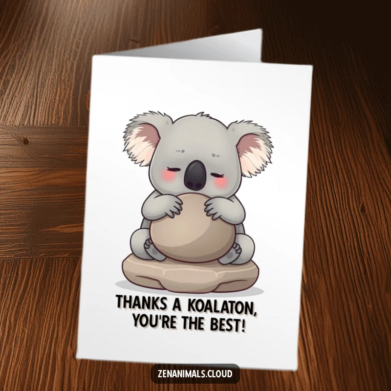 Funny free printable thank you card showing a relaxed koala hugging a smooth meditation stone, conveying calm appreciation. A zen downloadable.