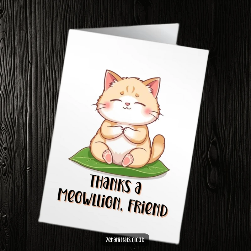 Funny free printable thank you card with a round, fluffy cat meditating on a leaf, offering peaceful gratitude.