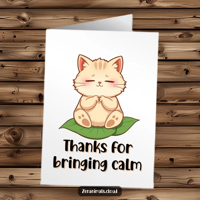 Funny free printable thank you card: A fluffy, spherical cat meditating serenely on a delicate green leaf, radiating peace.