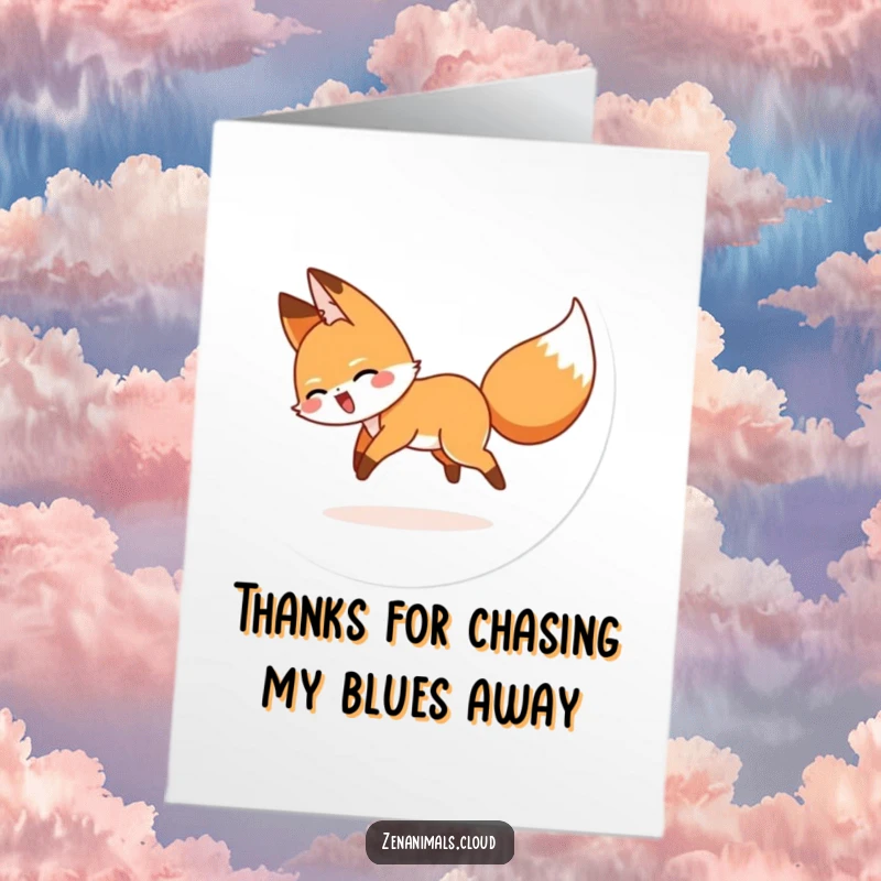Funny Free Printable Thank You Card: A silly fox chasing its tail with delight, a humorous and charming way to say thanks.