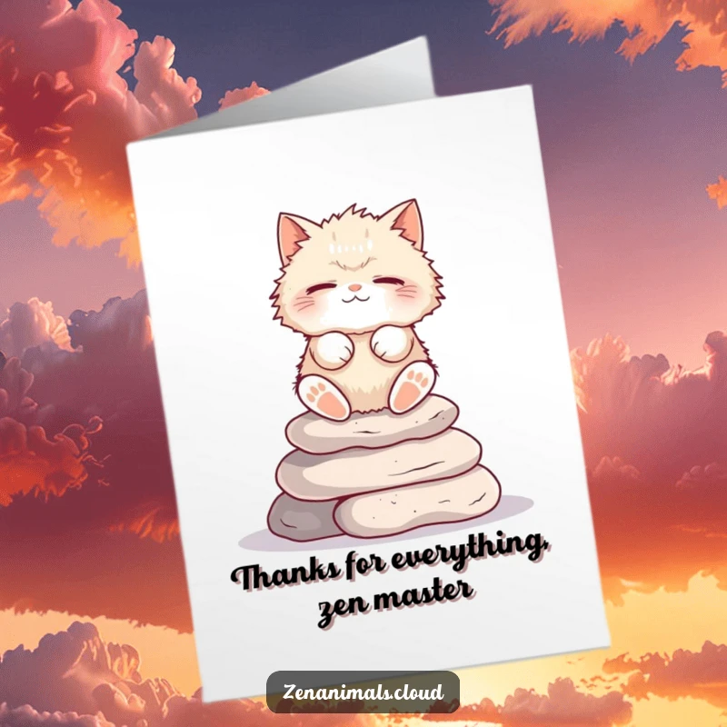 Funny free printable thank you card with a fluffy cat meditating on stones, a peaceful expression of gratitude.