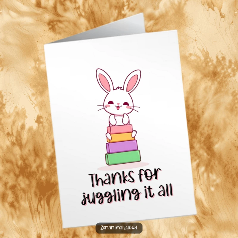 Funny Free Printable Thank You Card: A cheerful bunny precariously balancing yoga blocks, sending thanks.