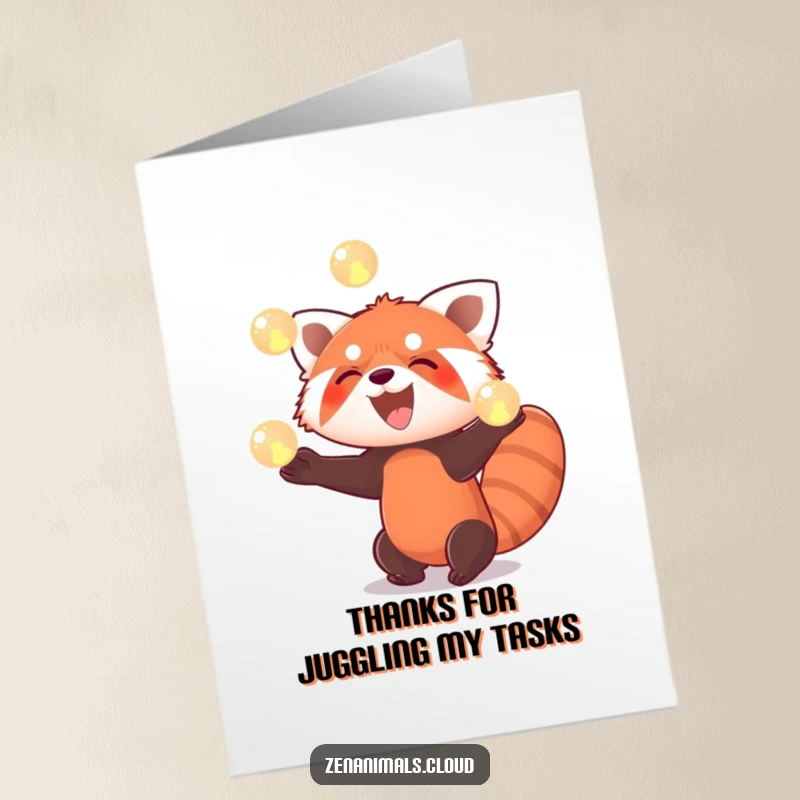 Funny Free Printable Thank You Card: A red panda juggling glowing orbs with a big smile, expressing thanks happily.