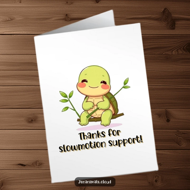 Funny Free Printable Thank You Card: A giggling turtle balances a bamboo shoot, offering a peaceful and heartfelt thank you.