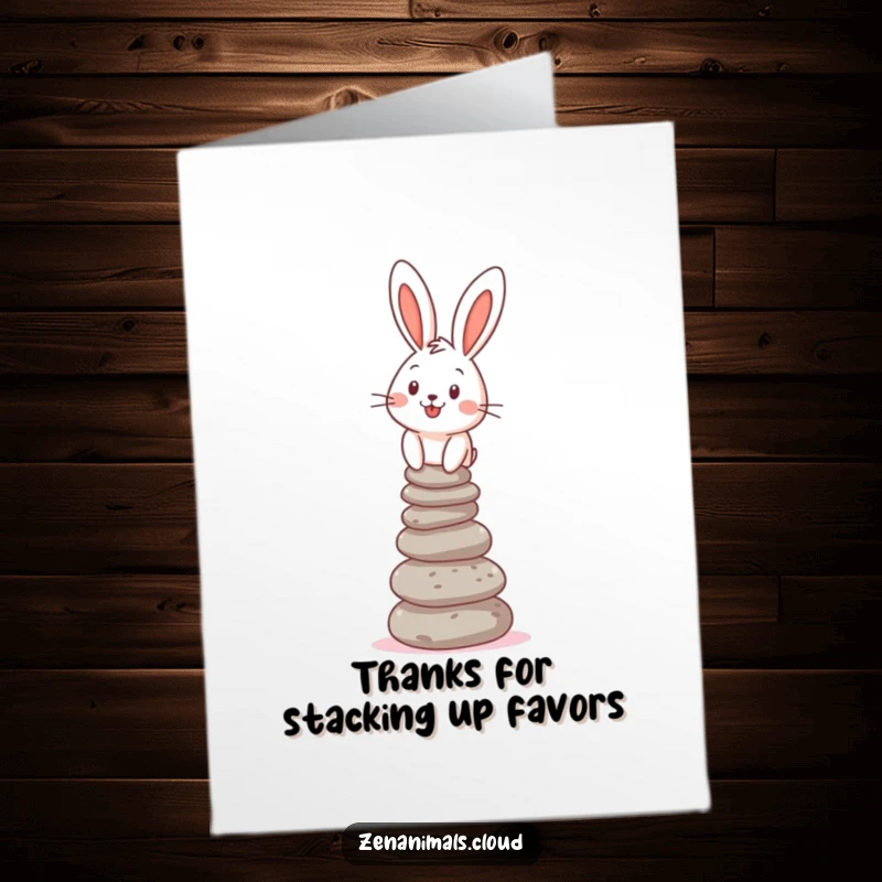 Funny free printable thank you card with a cheerful bunny expertly balancing a stack of pebbles, conveying thanks.