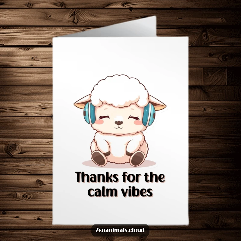 Funny Free Printable Thank You Card: A serene sheep with headphones, meditating peacefully as a way to say thank you.