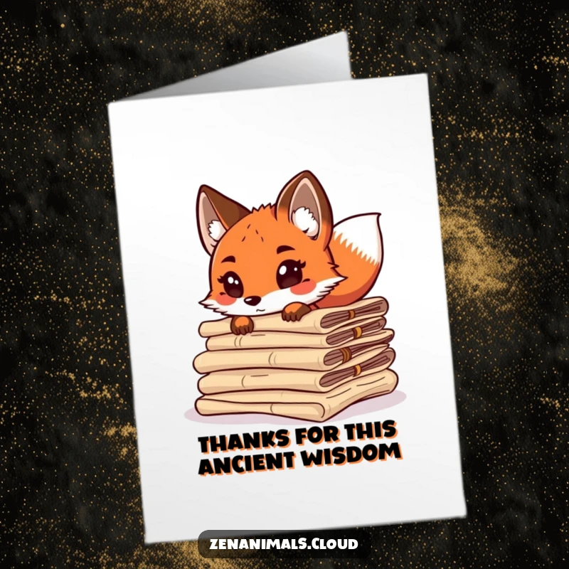 Funny Free Printable Thank You Card: Wise fox peeking from scrolls, tail wagging, offering heartfelt thanks.
