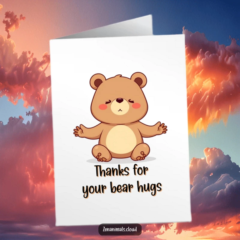 Funny free printable thank you card: A bear demonstrating impressive balance and flexibility in a serene yoga pose.