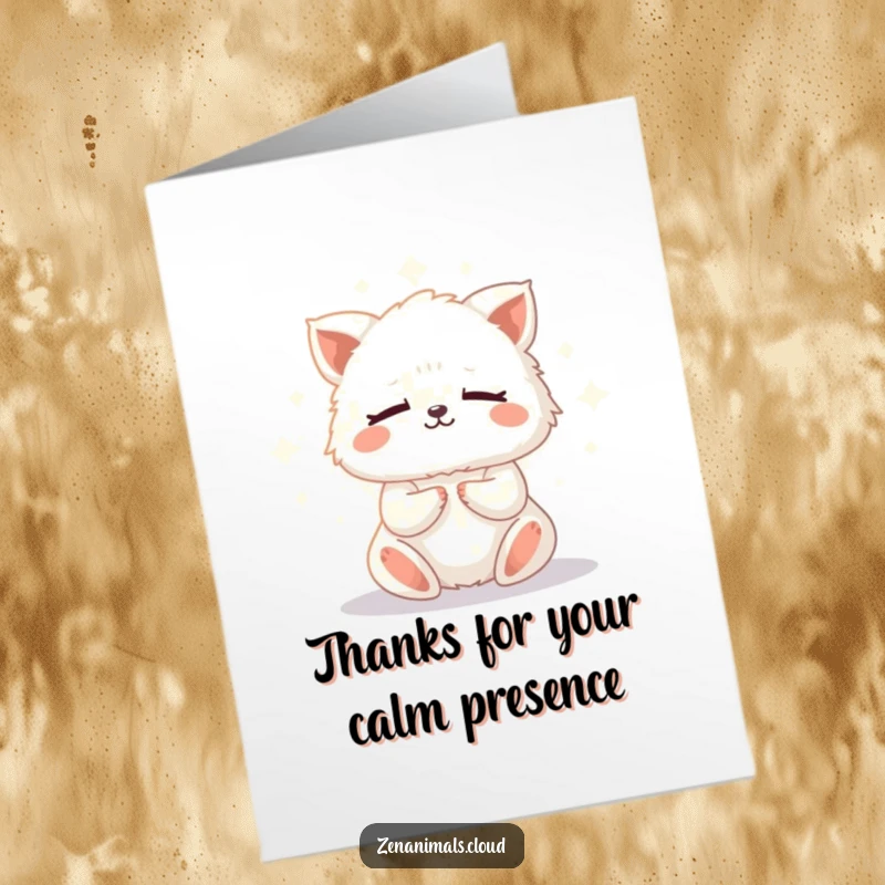 Funny Free Printable Thank You Card: a tiny fluffy animal meditating peacefully, conveying calm and gratitude with a humorous twist.