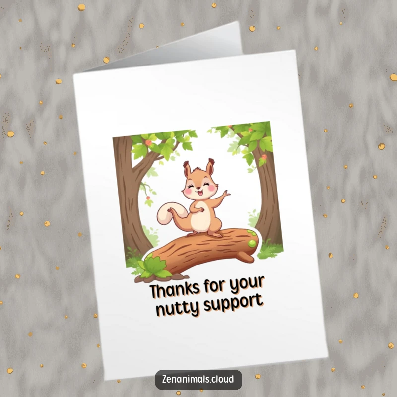 Funny Free Printable Thank You Card: Squirrel in a challenging yoga pose on a mossy log, radiating gratitude.