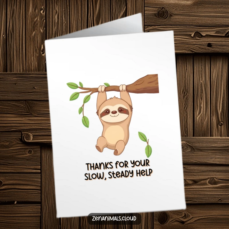 Funny free printable thank you card of a contented sloth hanging upside down, offering a gentle smile of appreciation.