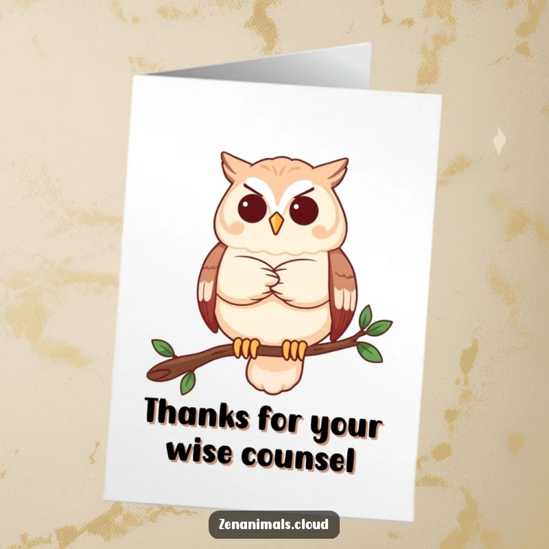 Funny Free Printable Thank You Card: A serene owl perched, arms crossed, conveying contemplative thanks.